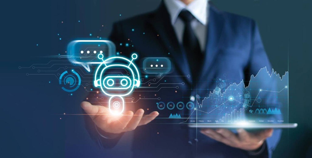 AI consultant presenting digital tools and business data concepts